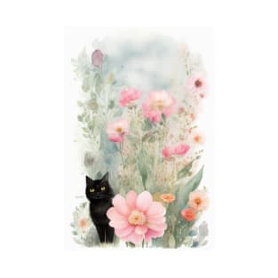 Black Cat  in the Flower Garden Soft Pastel Colours T-Shirt