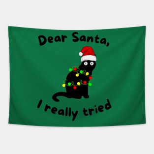 Dear Santa I Really Tried Black Cat Tangled in Christmas Lights Tapestry