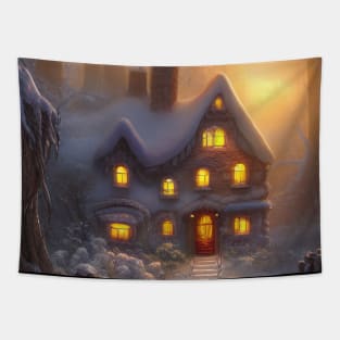 Magical Fantasy Cottage with Lights In A Snowy Scene, Scenery Nature Tapestry