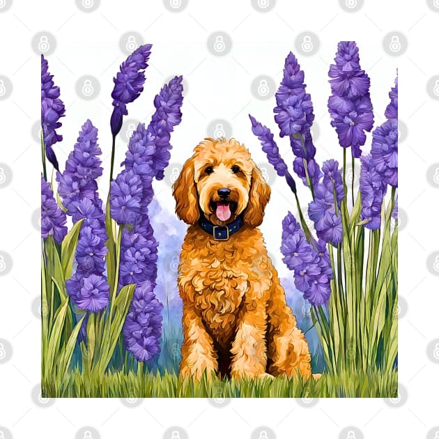 Goldendoodle Amongst Irises by Doodle and Things