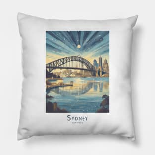 Retro Vintage Travel Poster Sydney Skyline at Dusk Pillow