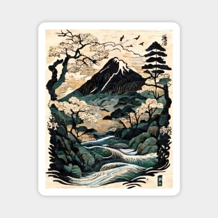 Traditional Japanese Mountain River Nature Scene Magnet