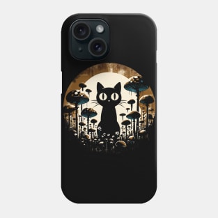 Funny Retro Black Cat in Mushroom Garden Phone Case