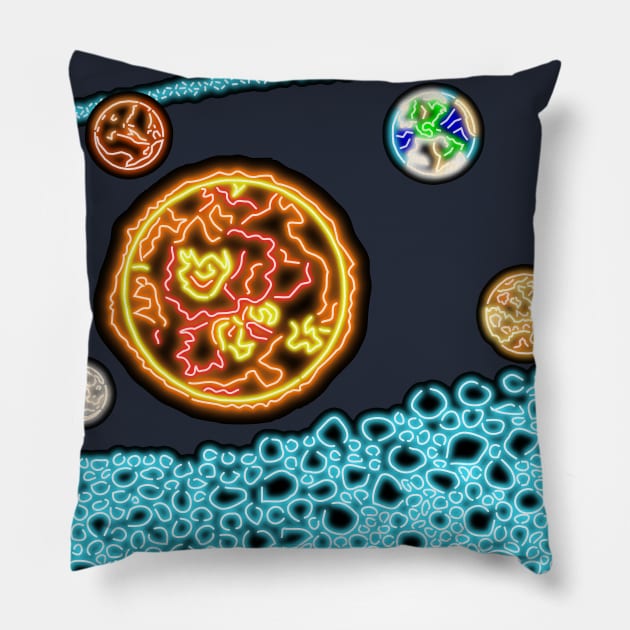 Electric Solar System Neon Asteroid Belt and Inner Planets Pillow by gkillerb