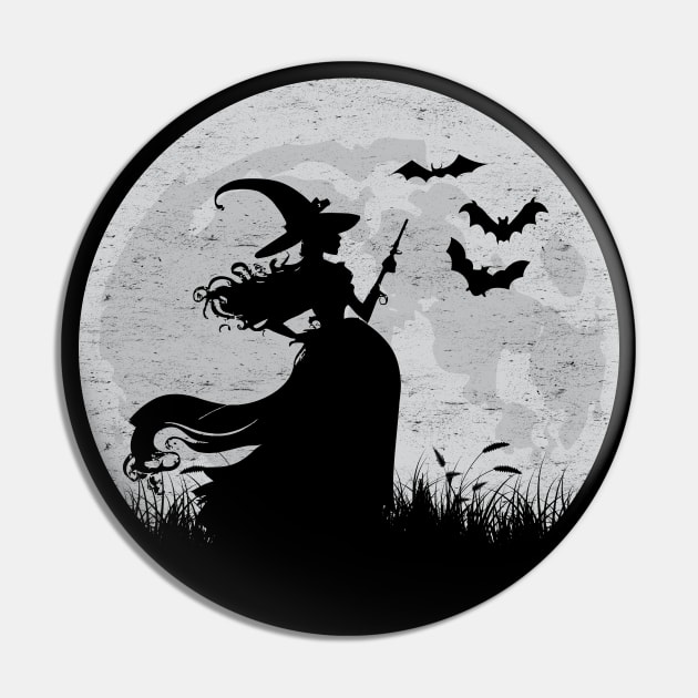 Moonlit Halloween Witchcraft: Witch Silhouette Against A Full Moon Pin by TwistedCharm