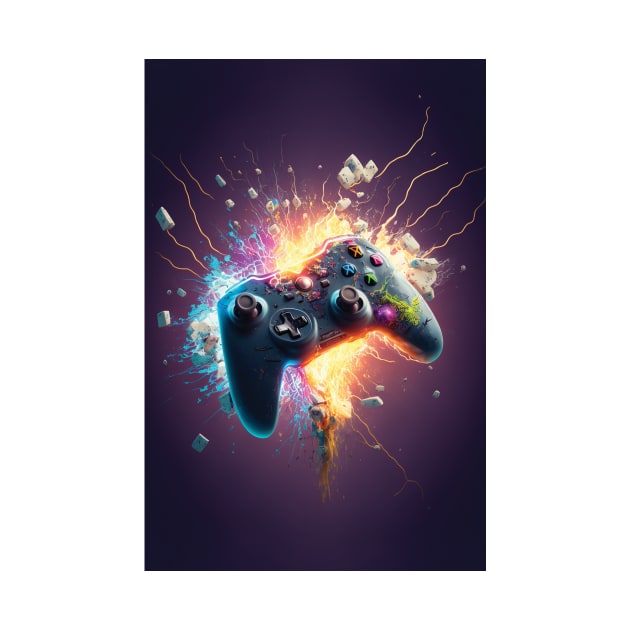 1 of 4 Explosive Gamepad Art: Vibrant Print Featuring a Bursting Game Controller by PixelProphets