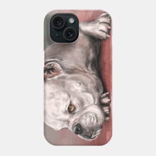 Painting of a White Bulldog Lying on the Floor. Red, Turquoise Background Phone Case