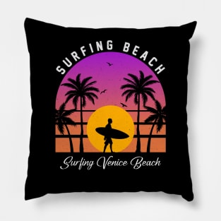 Sunset Vintage Venice Beach Waves Vacation Surfing Paradise Pillow