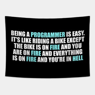 Being a Programmer is Easy. It's like riding a bike Except the bike is on fire and you are on fire and everything is on fire and you're in hell Tapestry