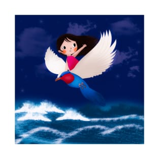 Girl and Bird Soaring Over Ocean Waves T-Shirt