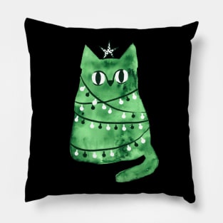 Watercolor green Christmas cat Pillow