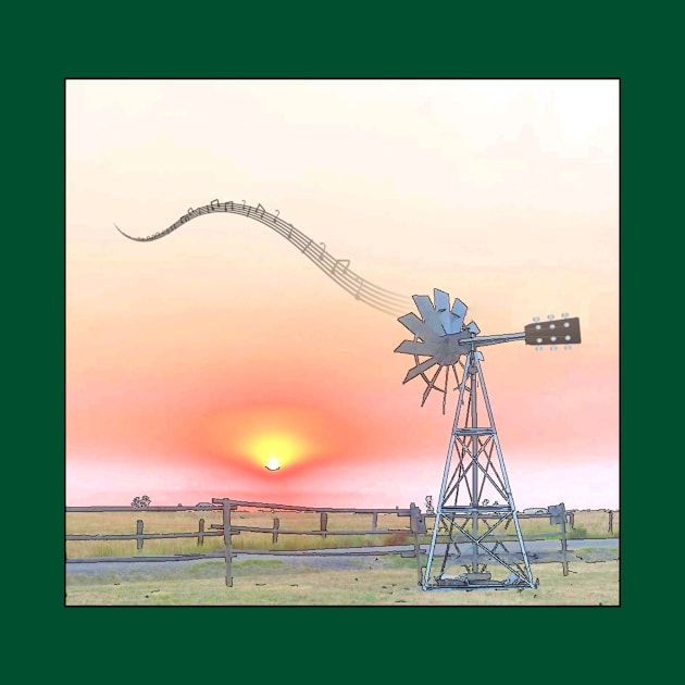 Farm Scene at Sunset with Windmill Playing Guitar by numpdog