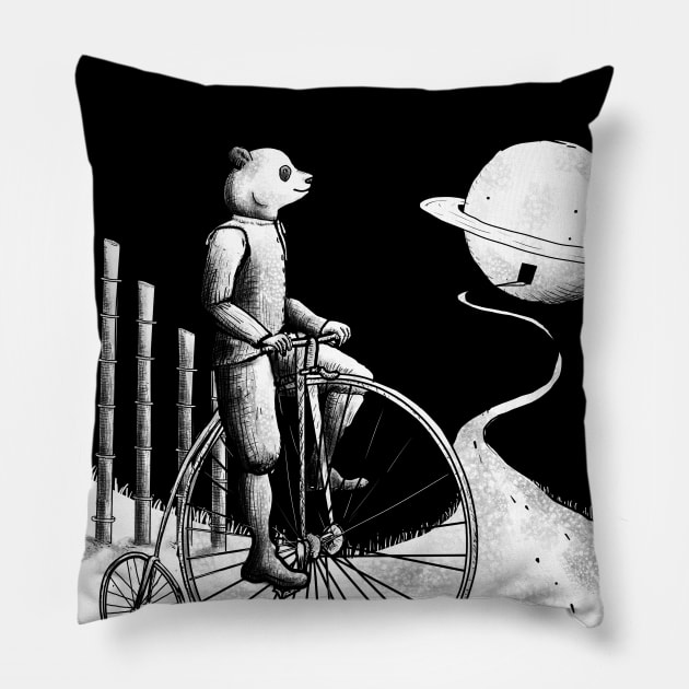 Panda on a bike on the way to Saturn Pillow by Drawly