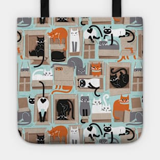 Purfect feline architecture // pattern // aqua background cute cats in cardboard boxes Tote