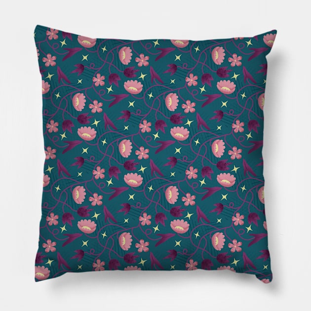 Flower Leaf and star repeat pattern Pillow by GreenZebraArt