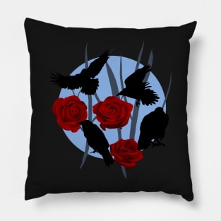 Black ravens from above with red roses Pillow