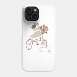 Cycling Girl with bunny and flowers Phone Case