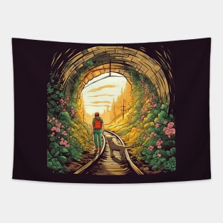 Tunnel of Love, Ukraine cartoon illustration. Man walking with dog on sunset Tapestry