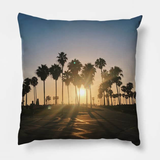 Venice Beach Sunset Lens Flare Pillow by offdutyplaces