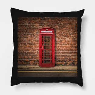 British Phone Box Against Red Brick Wall Pillow