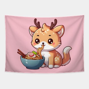 Reindeer kawaii cat eating ramen Tapestry