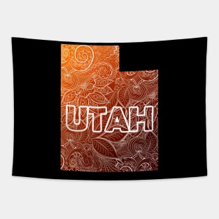 Colorful mandala art map of Utah with text in brown and orange Tapestry