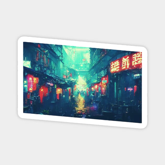 Cyberpunk Neon Rain City Magnet by FabDesign