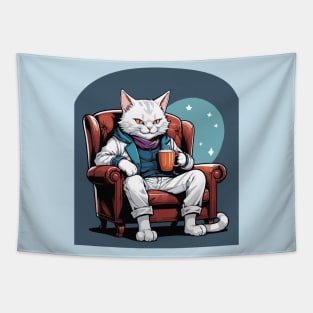 White Cat Lounging with Hot Chocolate Tapestry