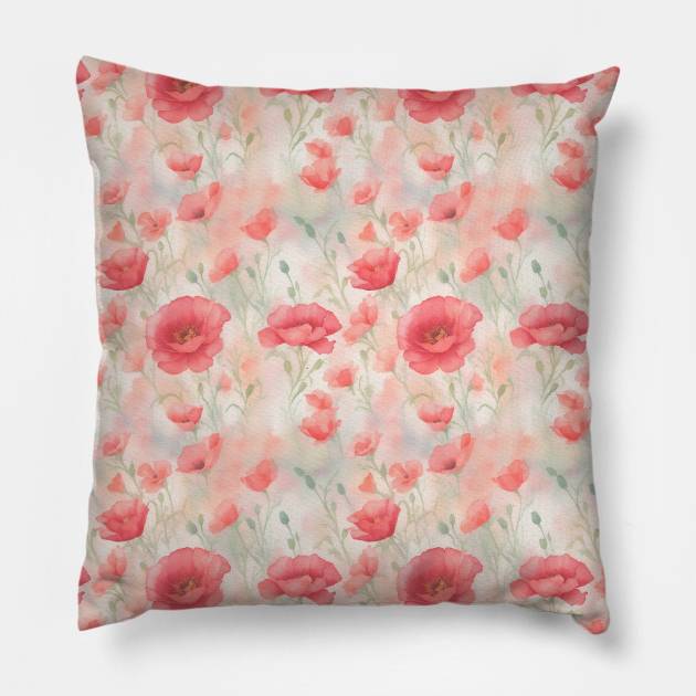 Watercolor Wild Poppy Flowers Pattern Pillow by Victoria's Store