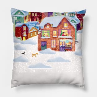 merry snow-covered houses with lights in the new year Pillow