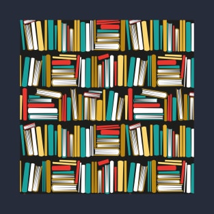 Colorful books // black bookshelf background yellow neon red white and teal books T-Shirt