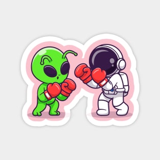 Cute Alien and Astronaut Fighting Boxing Cartoon Magnet