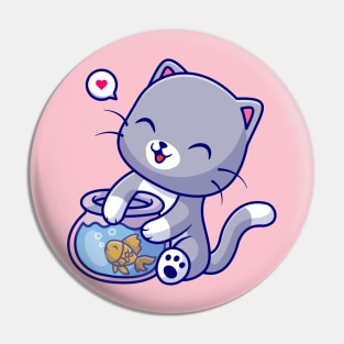 Cute Cat Playing With Fish In Aquarium Cartoon Pin