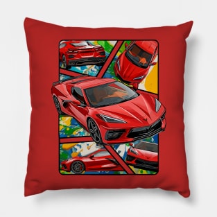 Multiple Angles of the Red C8 Corvette Presented In A Bold Vibrant Panel Art Display Supercar Sports Car Racecar Torch Red Corvette C8 Pillow