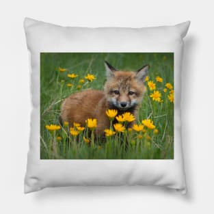 Fox Kit with Yellow Flowers Pillow