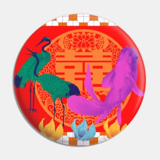 Goldfish & Cranes- Hong Kong Pop Art Bright Red and Orange Pin