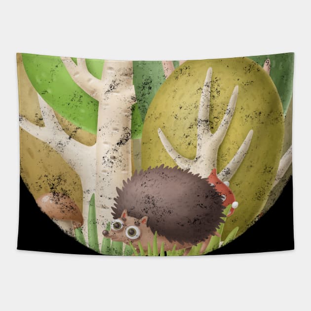 Cute hedgehog in forest Tapestry by CaptainPixel