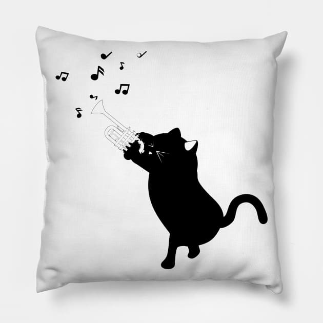 Black cat playing trumpet Pillow by AnnArtshock