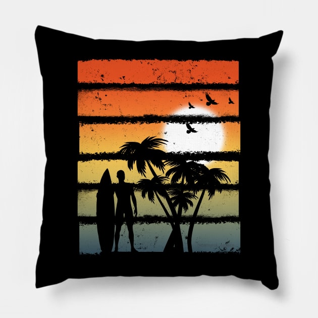 Summer Sunset Graphic Icon Surfer Ocean Palm Pillow by YouthfulGeezer