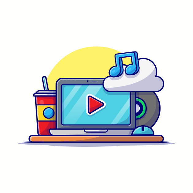 Cloud Music Icon with Laptop, Soda and Note of Music Cartoon Vector Icon Illustration by Catalyst Labs