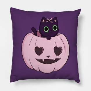 pink pumpkin black cat heart halloween coquette dollette Pillow