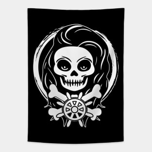 Skipper Skull and Wheel White Logo Tapestry