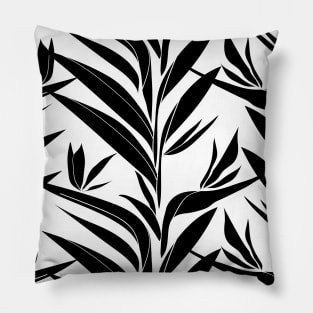 Tropical leaves silhouette black and white pattern Pillow