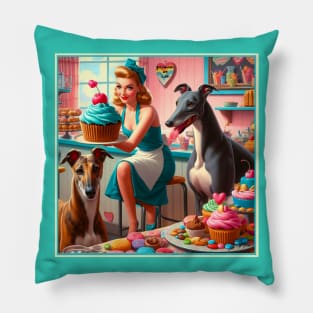 Greyhounds and Retro Bakery Pin Up Girl and Cupcakes Pillow