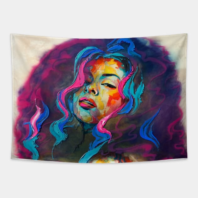 Abstract portrait of a young girl with curly hair. Tapestry by MariDein