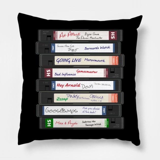 Retro British TV 90s Series VHS Video Cassettes Pillow by Meta Cortex