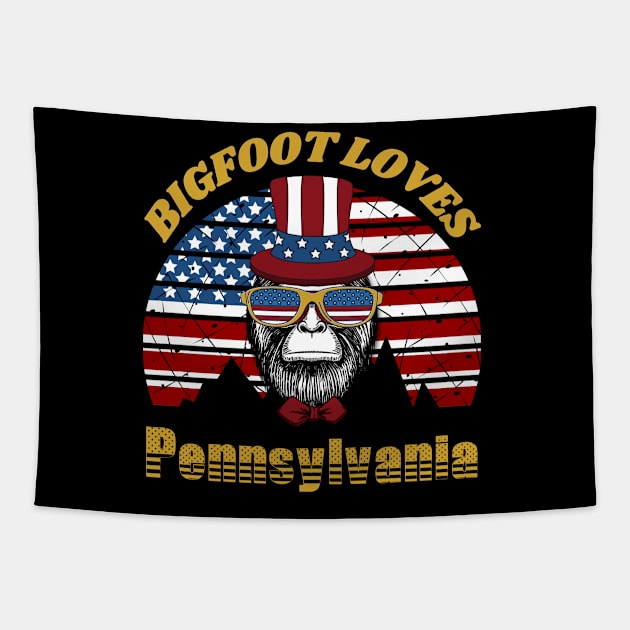 Bigfoot loves America and Pennsylvania Tapestry by Scovel Design Shop