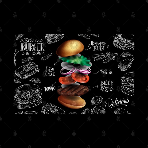 Falling realistic Burger Ingredients Back Board by Mako Design 