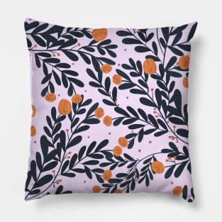 orange rose flower with blue leaves, botanical illustration pattern in soft purple backgdound Pillow