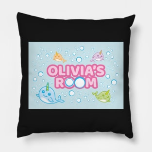 Personalised Narwhal 'Olivia's Room' Sea Unicorn Bedroom Poster Door Sign Pillow